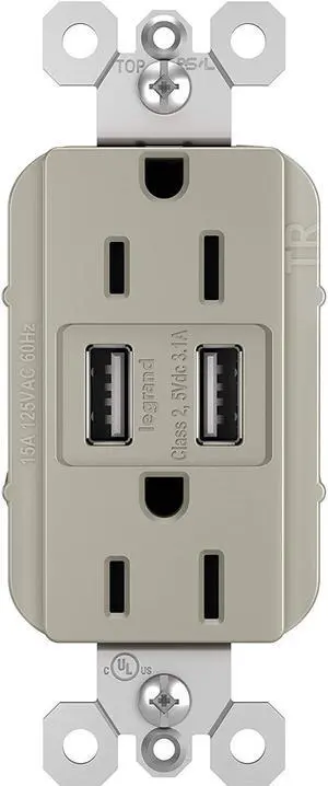 Legrand radiant TM826USBNICCV4 15 Amp Decorator Duplex Tamper Resistant Outlet Receptacle with 3.1A Type A USB Charger, Nickel (1 Count)