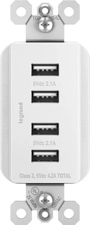 Legrand radiant TM8USB4WCCV4 Decorator Outlet Quad USB Charger, 4.2 Amp Multi Port Charging Station, White (1 Count)