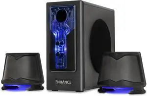 SB 2.1 Computer Speakers with Subwoofer - Blue LED Gaming Speakers, System, AC Powered & 3.5mm, Volume and Bass Control, Compatible PC, Desktop, Laptop