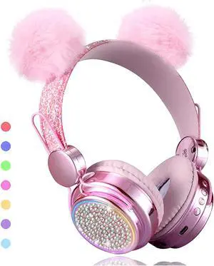 Wireless , LED Light up Color Changing Girls Bluetooth Headsets with MIC, 10 Hours 5.0 Bluetooth Headphones for School, Christmas (Pink)