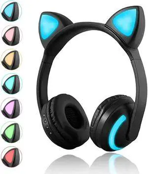 Wireless Bluetooth Cat Ear Headphones with Mic 7 Colors LED Light Flashing Glowing On-Ear Stereo Headset Compatible with Smartphones PC Tablet