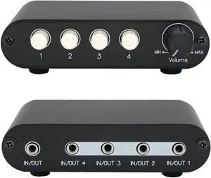 4-Way 3.5mm Stereo Audio Switch Input Signal Source Switcher Selector Splitter Box with line Volume Controller (4 in 1 Out / 1 in 4 Out) -MC41