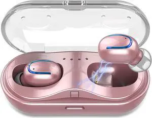 Mini Wireless Earbuds, Bluetooth Earphones in Ear with Wireless Charging Case, IPX7 Waterproof Wireless Mini TWS Mic Hi-Fi Stereo Sport Headphones for iPhone/Samsung/Android(Rose Gold)