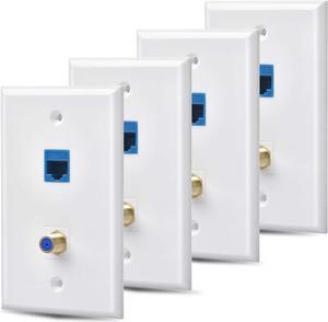 HuaHengHT 4 Packs Ethernet Coax Wall Plate Outlet with 1 Cat6 Keystone Port and 1 Gold-Plated Cable TV Coax F Type Port RJ45 Female to Female Direct Network Connector Wall Plates Blue