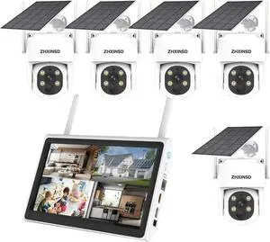 Gadpiparty PTZ Security Cameras Wireless Outdoor Solar Powered with 10 inch Monitor, 10 CH 2K Wirefree Security Camera System with 5 Cameras Pan Tile 360 View Two Way Audio Colar Night Vision 64G Sto