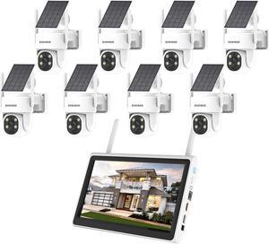 PTZ Security Cameras Wireless Outdoor Solar Powered with 10 inch Monitor, 10 CH 2K Wirefree Security Camera System with 8 Cameras Pan Tile 360 View Two Way Audio Colar Night Vision 64G Storage