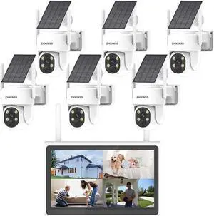 PTZ Security Cameras Wireless Outdoor Solar Powered with 10 inch Monitor, 10 CH 2K Wirefree Security Camera System with 6 Cameras Pan Tile 360 View Two Way Audio Colar Night Vision 64G Storage