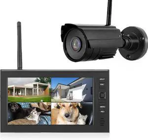 Gadpiparty Outdoor Security Camera, Home Security Surveillance Camera, Night Vision, Motion Detection and Remote View with 4CH Surveillance Monitor System Display and TF Card (US Plug)
