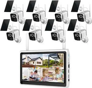 Gadpiparty 2K Solar Security Cameras Wireless Outdoor WiFi with 10" Monitor, 10CH 4MP Wire-Free Camera System, 8PC Battery Powered Security Cameras for Home Security, Waterproof, Floodlight, 64G Stor