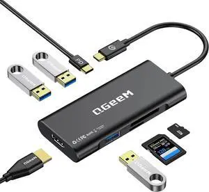 QGeeM USB-C 7-in-1 Dongle with 100W PD, 3X USB 3.0, SD/TF Card Reader, Compatible with MacBook, iPad, Dell XPS & More - Black