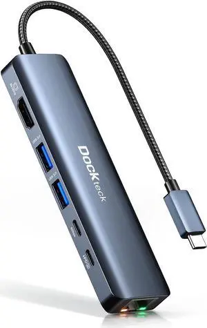 USB C Hub, USB C to 8K@30Hz HDMI Multiport Adapter, Dockteck 6 in 1 USB-C Dongle with 8K HDMI, USB-C and 2 USB-A 5 Gbps Data Ports, 100W PD, 1Gbps Ethernet for MacBook Pro Air HP XPS and More