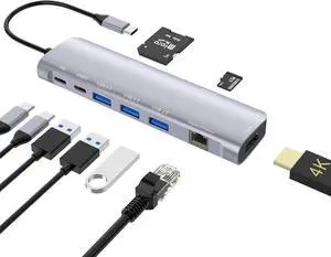 9 in 1USB C HUB with 4K HDMI, 100W PD, USB C Port, USB 3.0, RJ45 Ethernet, SD/TF Card Reader, Docking Station Compatible with MacBook Pro/MacBook Air, XPS, Chromebook and More Type C Device
