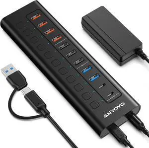 Powered USB Hub,11-Port USB Hub (2 USB A 3.0+2 USB C 3.0+4 USB A Smart Charging+3 USB A 2.0),USB Splitter with Individual On/Off Switches and 12V/4A Power Adapter for USB C/A Devices