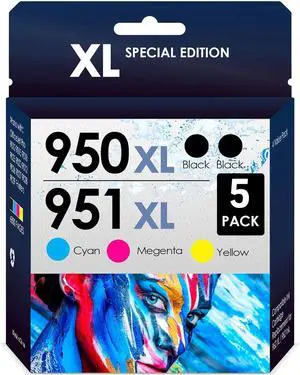 Compatible Replacement for HP 950/951XL. Works for Officejet Pro 8600 8610 8620 8615 8630 Printers. 5 Pack (2 Black, Cyan, Magenta, Yellow)