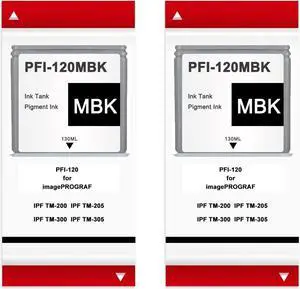 PFI120 2 Pack 130ml Matte Black Pigment Ink Tank Cartridges Compatible with Canon PFI-120 PFI-120MBK PFI120MBK for imagePROGRAF IPF TM-200 TM-205 TM-300 TM-305