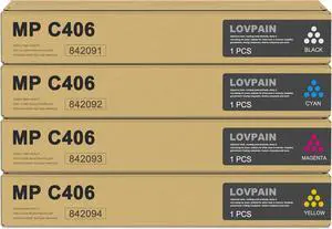 MP C406 High Yield Toner Cartridge set (4-Pack, Black/Cyan/Magenta/Yellow) - Lovn Compatible C406 842091 842092 842093 842094 Toner Cartridge Replacement for Ricoh MP C306 C307 C406 C407 Printer