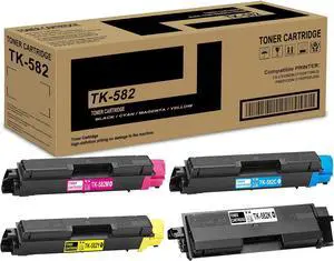Ennovor pgisoxt 4 Pack TK-582K TK-582C TK-582M TK-582Y BK/C/M/Y Toner Cartridge High Yield Compatible TK-582 TK582 Replacement for Kyocera FS-C5150DN(1102KT3NL0) P6021CDN(1102PS2US0) Printer