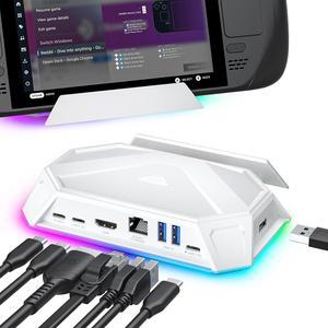 RGB Docking Station for Steam Deck (OLED)/ROG Ally/Legion Go, 8-in-1 Steam Deck Dock with 4K@60Hz HDMI, Gigabit Ethernet, USB-C 3.0, Dual USB-A 3.0, USB 2.0, 100W USB-C Charging-HB0801 [White]