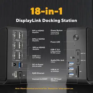DisplayLink Docking StationTriple Monitor,Mosirui 18 in 1USB C Laptop Docking Station 8K Display for MacBook M3/M2/M1,Windows/Thunderbolt 5/4/3 with 3 XHDMI,3XDisplayPort,4X USB3.1,120W Power Adapter