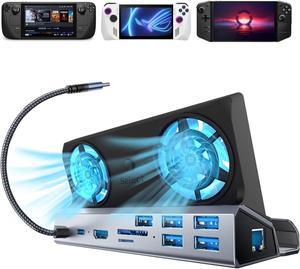 10-in-1 Docking Station for Steam Deck OLED & ROG Ally X & Legion Go, Dual Cooling Fan 5 USB Ports, 4K@60Hz HDMI 2.0, 100W Charging Port Support ROG Ally 30W Mode, Gigabit Ethernet, SD/TF