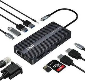 USB C Docking Station 3 Monitors, 12-in-1, Triple Display-4K HDMI Dual Monitors & VGA, 5Gbps USB-C/A Data Transfer, USB 3.0, 100W Laptop-Charging, Gigabit Ethernet, Audio, SD/TF Dongle(RV-USB012)