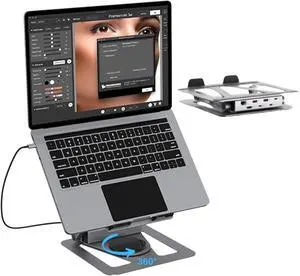 360° Rotatable Laptop Docking Station Stand, Adjustable Height Laptop Stand with Detachable USB C Hub, 4K HDMI, USB 3.1, RJ45, 100W PD for MacBook Pro/Air, Dell, HP, Surface, Lenovo and More