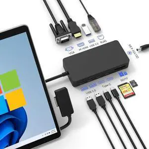 Surface Dock Triple Displays, 11-in-1 Surface Docking Station with HDMI+VGA+Ethernet for Microsoft Surface Pro 10/9/8/X/7/6/5/4/3, Surface Laptop 5/4/3/2/1, Surface Laptop Go 3/2/1, Surface Book 3/2/1