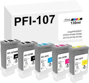PFI107 PFI-107 Set (5-Pack) Replacement for Canon PFI-107 Ink Cartridges PFI-107MBK PFI-107BK PFI-107C PFI-107M PFI-107Y for imagePROGRAF iPF670 iPF680 iPF685 iPF770 iPF780 iPF785 Printers