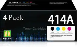 414A Toner Cartridges with Chip 4-Pack W2020A Black, W2021A Cyan, W2022A Yellow, W2023A Magenta Works with Color Laserj Pro MFP M479 Series, Color Laserj Enterprise M455dn, MFP M480f; Pro M454 Series