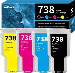738 DesignJet Ink Cartridge 300-ml 498N8A 676M6A 676M7A 676M8A Replacement for HP 738 Ink Cartridge for DesignJet T850 & T950 Wide Format Plotter Printer Ink 4-Pack (Black, Cyan, Magenta, Yellow)