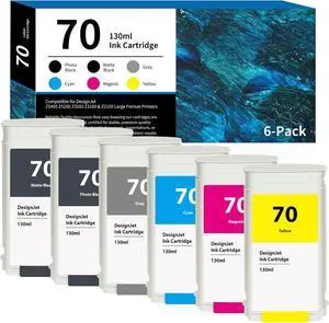70 Ink Cartridges 130ml C9448A C9449A C9450A C9452A C9453A C9454A Ink Replacement for HP 70 Ink Cartridge for DesignJet Z5400 Z5200 Z3200 Z3100 Z2100 Large Format Printer Ink 6-Pack (MK/PK/G/C/M/Y)