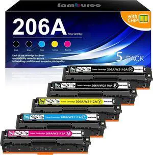 Ennovor 206A Toner Cartridges High Yield 5 Pack Replacement for HP Color MFP M282 M283 M285 M282nw M283fdn M283fdw M283cdw Pro M255 M256 Toner Printer(2Black 1Cyan 1Magenta 1Yellow) | 206A W2110A