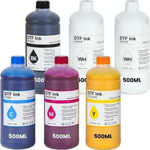 Ennovor Premium DTF Ink 500 ml, DTF Heat Transfer Ink Refill for et-8550 L1800 R2400 L800 DX5 DX7 5113 XP600 I3200 All DTF Printers Ink 6-Pack (2White, 1Black, 1Cyan, 1Magenta, 1Yellow)