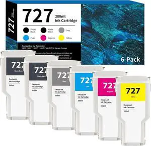 Ennovor 727 Ink Cartridges 300ml High-Capacity 6-Pack Replacement for HP 727 Ink Cartridges F9J79A C1Q12A F9J76A F9J77A F9J78A F9J80A Ink for DesignJet T920 T930 T1500 T1530 T2500 T2530 Printer Ink