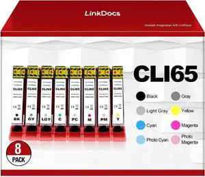 LinkDocs Compatible CLI65 Ink Cartridge with Pigment Ink Replacement for Canon CLI-65 CLI65 Work for PIXMA PRO-200 Printer (8-Pack BK C M Y PC PM GY LGY)