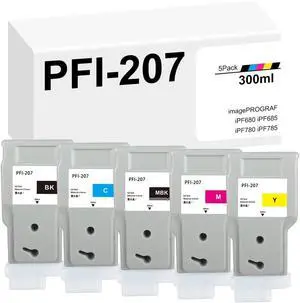 PFI-207 Ink Tank 300ml (5 Pack) PFI 207 Ink Replacement for Canon PFI-207 Color Bundle PFI-207MBK PFI-207BK PFI-207C PFI-207M PFI-207Y Ink Cartridge for imagePROGRAF iPF680 iPF685 iPF780 iPF785