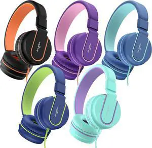 AILIHEN Kids Headphones Bulk 5-Pack for K-12 School Classroom, On-Ear Wired Headset with Microphone for Students Children with 93dB Volume Limited, 3.5mm Jack for Chromebooks Tablets Laptop Computer