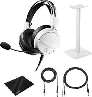 Audio-Technica ATH-GL3 High-Fidelity Closed-Back Gaming Headset with Detachable Mic (White), Waith Aluminum Headset Stand (White) and Waith Microfibre Cleaning Cloth with Bag (Essential Bundle Set)