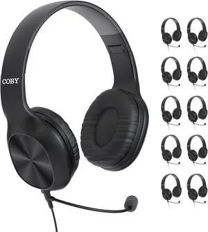 Coby Wired Headphones, 10-Pack, Folding On-Ear Headset with Microphone, Cushioned Earpads, Bundle Headphones for Gaming, Schools, Call-Centers, Customer Service, in-Line Call Control (Boom Mic)