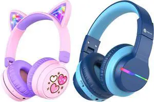 iClever Kids Bluetooth Headphones Bundles, LED Lights Up, Safe Volume Limited, USB C Charging, Wireless Kids Headphones AUX Cord for iPad Tablets School Travel