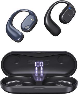 Open Ear Headphones, Wireless Earbuds 40H Playtime Air Conduction Headphones with Mic, Bluetooth 5.3 Over Ear Headphones IPX6 with Ear Hooks & LED Display Charging Case for Running (Black)