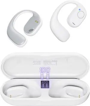 PSIER Open Ear Bluetooth Headphones, 40 Hours Playtime Bluetooth 5.3 Wireless Sports Earbuds with Digital Display Charging Case, White