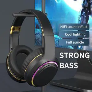 Foldable Wireless Over-Ear Headphones with RGB Lights, Bluetooth Headphones for Cell Phone, PC, Laptop, Suitable for Music, School, Workouts, and Gaming (Black)