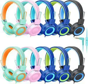 CN-Outlet 10 Pack Classroom Headphones Bulk for K-12 School Kids, Class Set Headphones for Students Teens Library Computer Testing Centers (Mixed Color with Microphone)