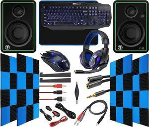 Ritz Gear Blue Gaming Kit I 4-in-1 LED Combo with Multimedia Keyboard, Optical Mouse, Mouse Pad & Headset with Adapter with CR5-X 5" Bluetooth Monitors and 24 Pack Acoustic Soundproof Wedge Panels