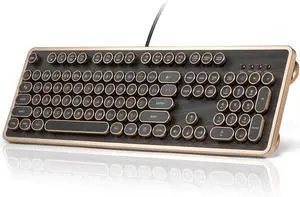 RK104 Retro Mechanical Keyboard, Wired Full-Size 104 Keys with Typewriter Round Keycaps, Wooden Grain, N-Key Rollover, Green Linear Switches, Ideal for Retro Lovers