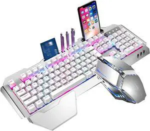 Backlight Mechanical Keyboard Mouse Combo,Pen Tray,Mobile Phone Holder Slot,Wrist Rest,Waterproof Gaming Keyboard for Laptop Computer PC Games (Color : Silver White Blue Light)