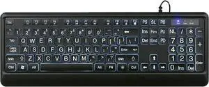 Wired keyboard, illuminated full keyboard with multimedia function keys, large keyboard, wired old keyboard, very suitable for visual impaired, button with grease, for PC, laptop etc (white on black)