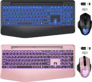 SABLUTE 2 Pack Black & Rose Gold Wireless Keyboard and Mouse Combo Backlit, Jiggler Mouse, Ergonomic Rechargeable Duo with Wrist Rest, Phone Holder, Silent Light Up Cordless Set for Windows, Mac