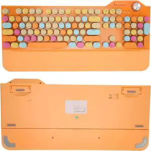 Cordless Retro Typewriter Mechanical Keyboard, 107 Keys Punk Style Round Key Keyboard, with Volume Control Knob, LED Backlit, 2.4G, BT5.1, USB Wired (Orange)
